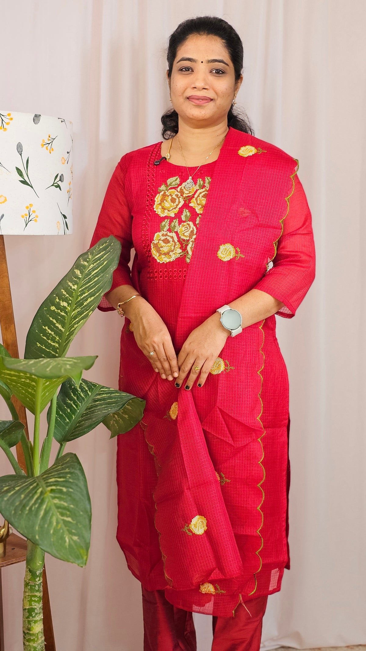 Premium 3 Pcs Semi Tussar Kota Unstitched Salwar Set – Dark Red
