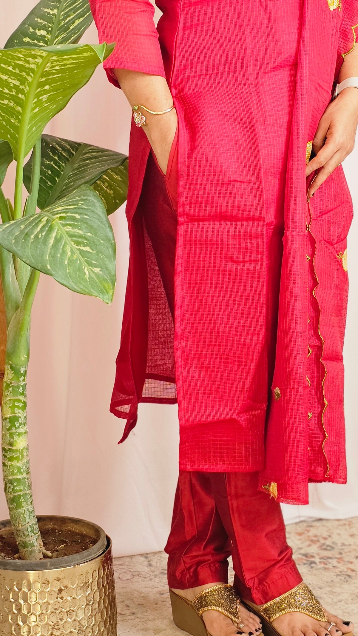 Premium 3 Pcs Semi Tussar Kota Unstitched Salwar Set – Dark Red