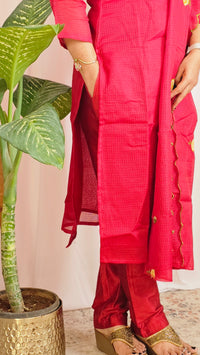 Premium 3 Pcs Semi Tussar Kota Unstitched Salwar Set – Dark Red