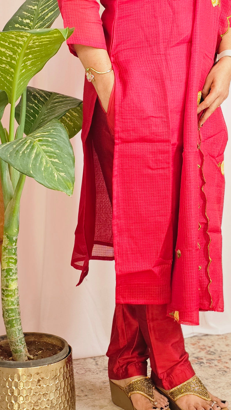 Premium 3 Pcs Semi Tussar Kota Stitched Salwar Set – Dark Red