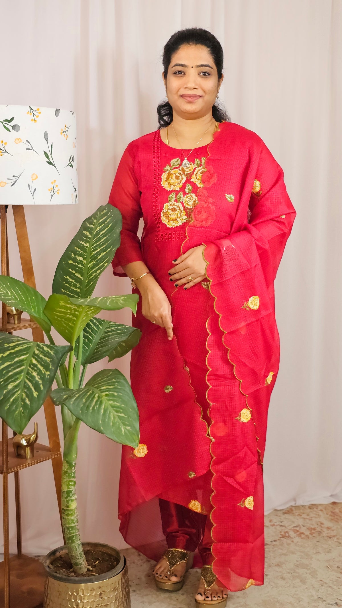 Premium 3 Pcs Semi Tussar Kota Unstitched Salwar Set – Dark Red