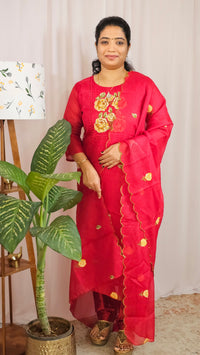 Premium 3 Pcs Semi Tussar Kota Unstitched Salwar Set – Dark Red