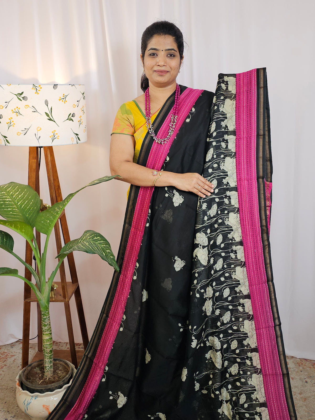 Pure Chanderi Butter Silk - Black with Pink