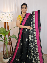 Pure Chanderi Butter Silk - Black with Pink