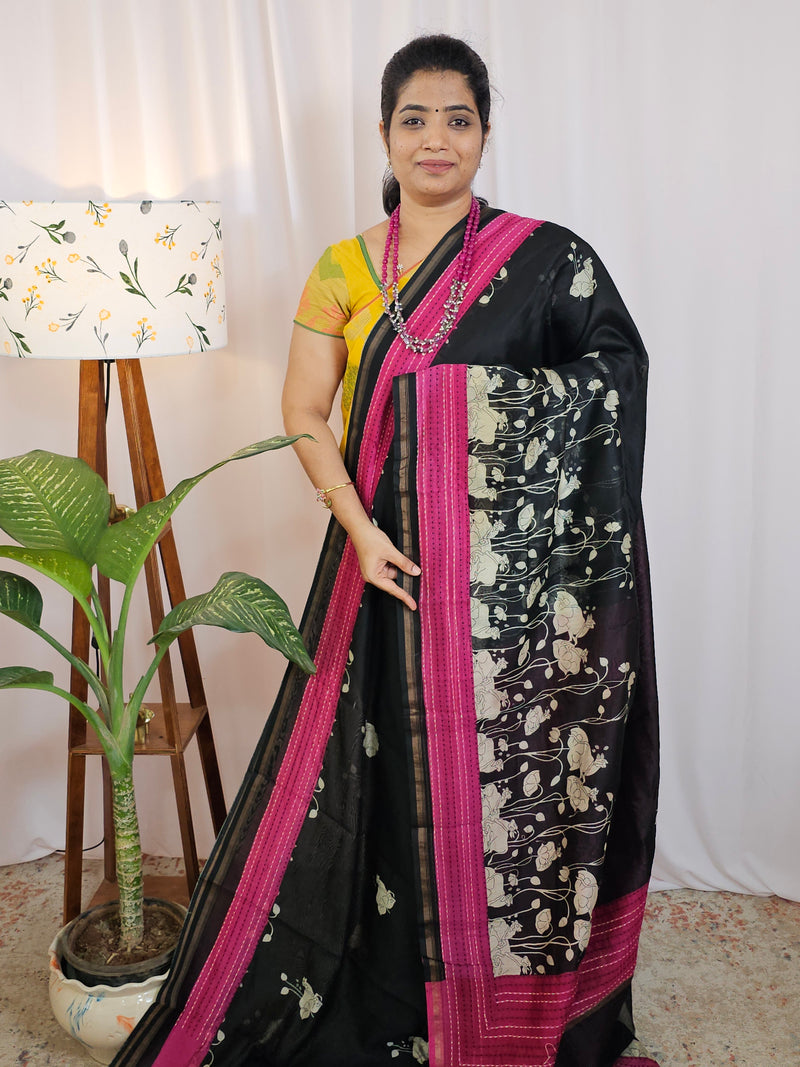 Pure Chanderi Butter Silk - Black with Pink