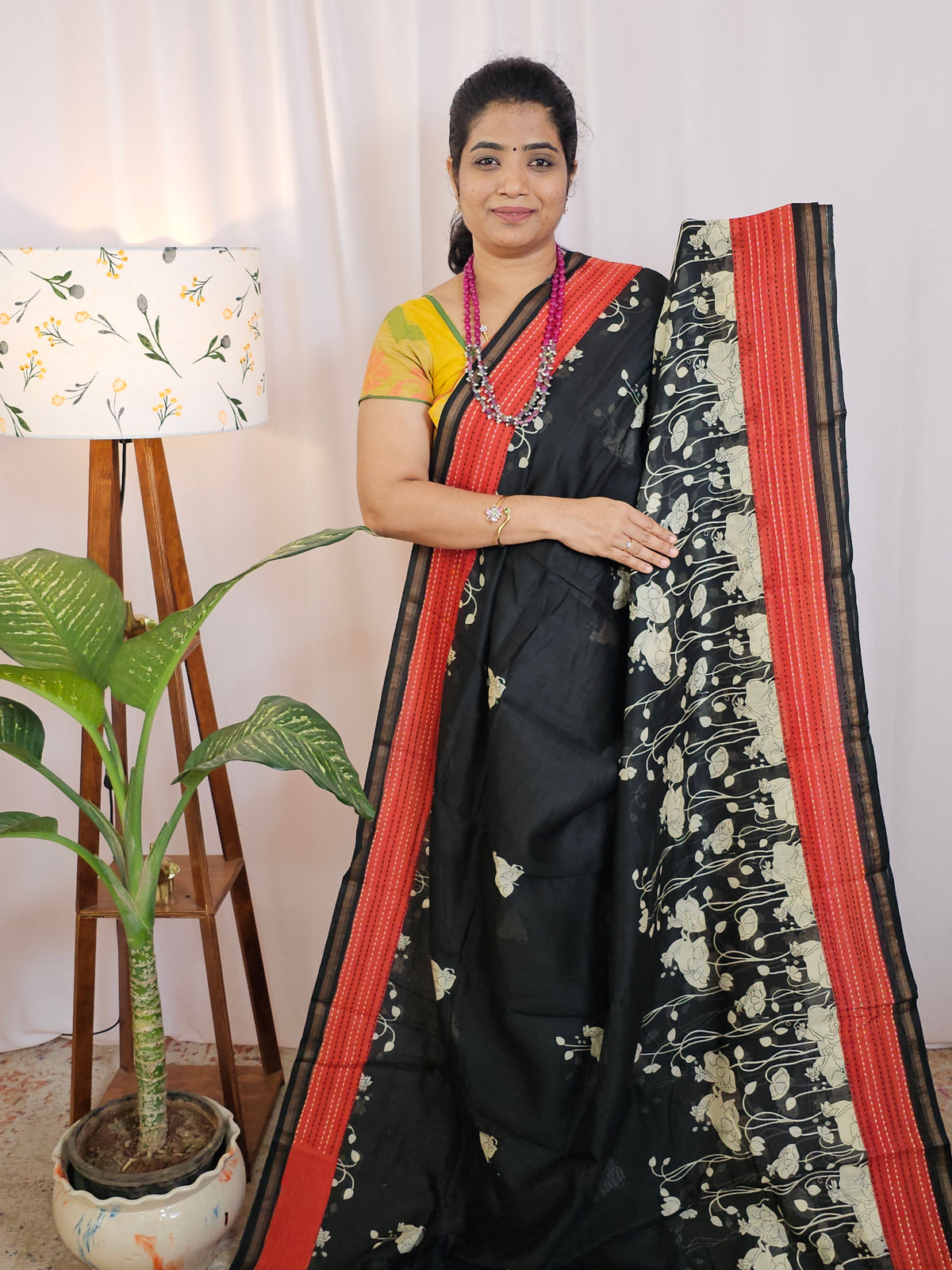 Pure Chanderi Butter Silk - Black Rust Orange