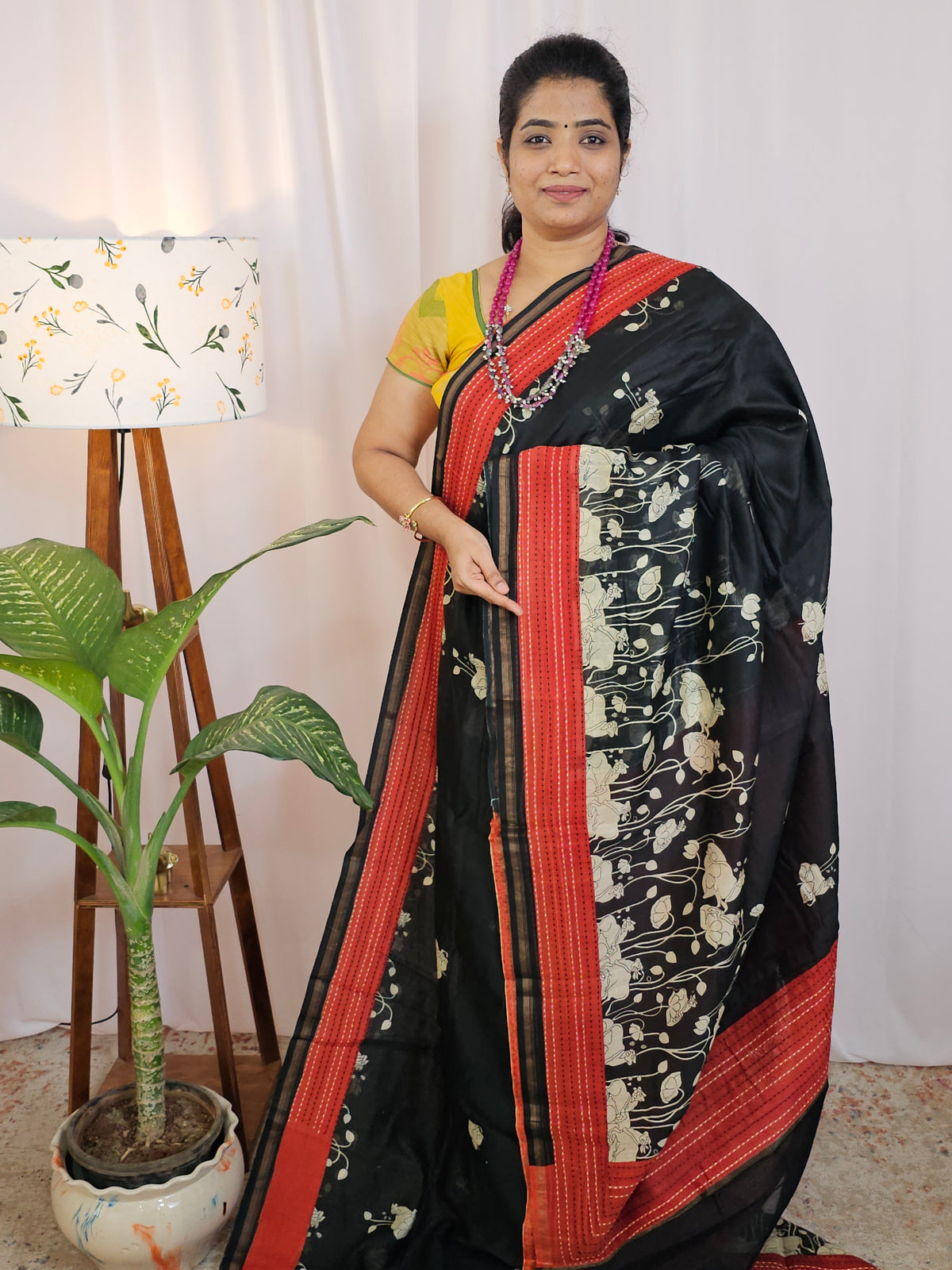 Pure Chanderi Butter Silk - Black Rust Orange