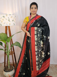 Pure Chanderi Butter Silk - Black Rust Orange