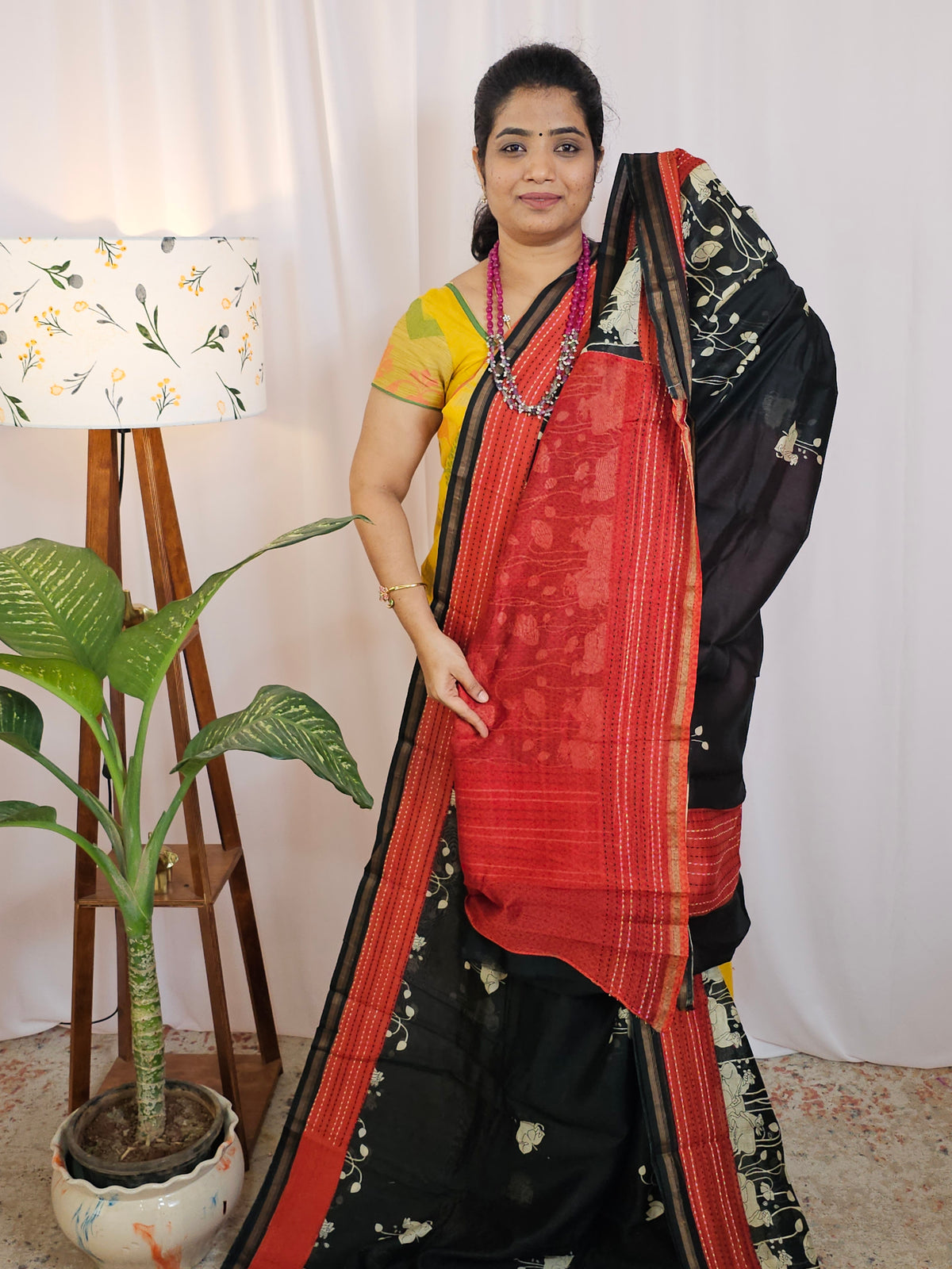 Pure Chanderi Butter Silk - Black Rust Orange