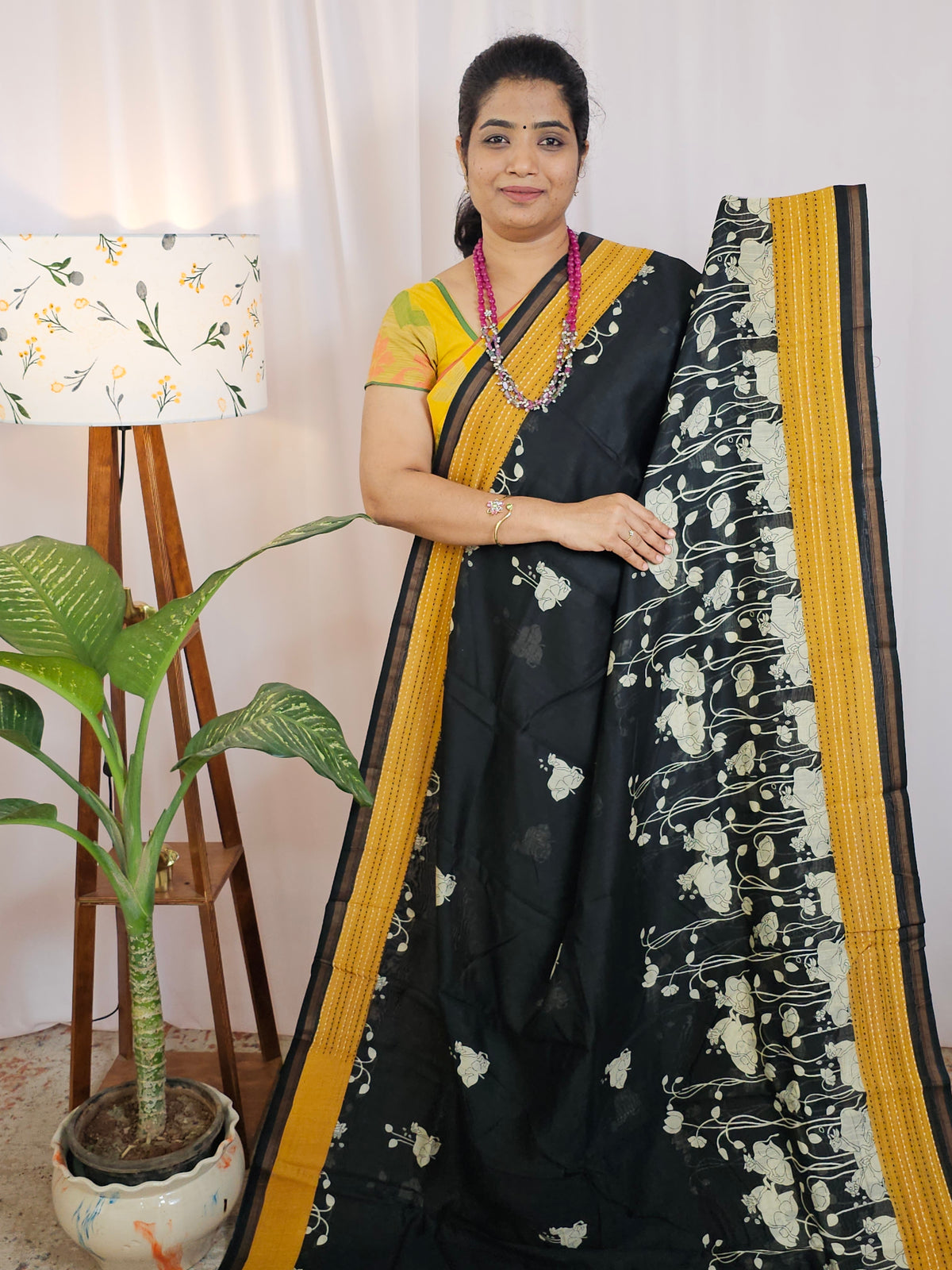 Pure Chanderi Butter Silk - Black with Yellow