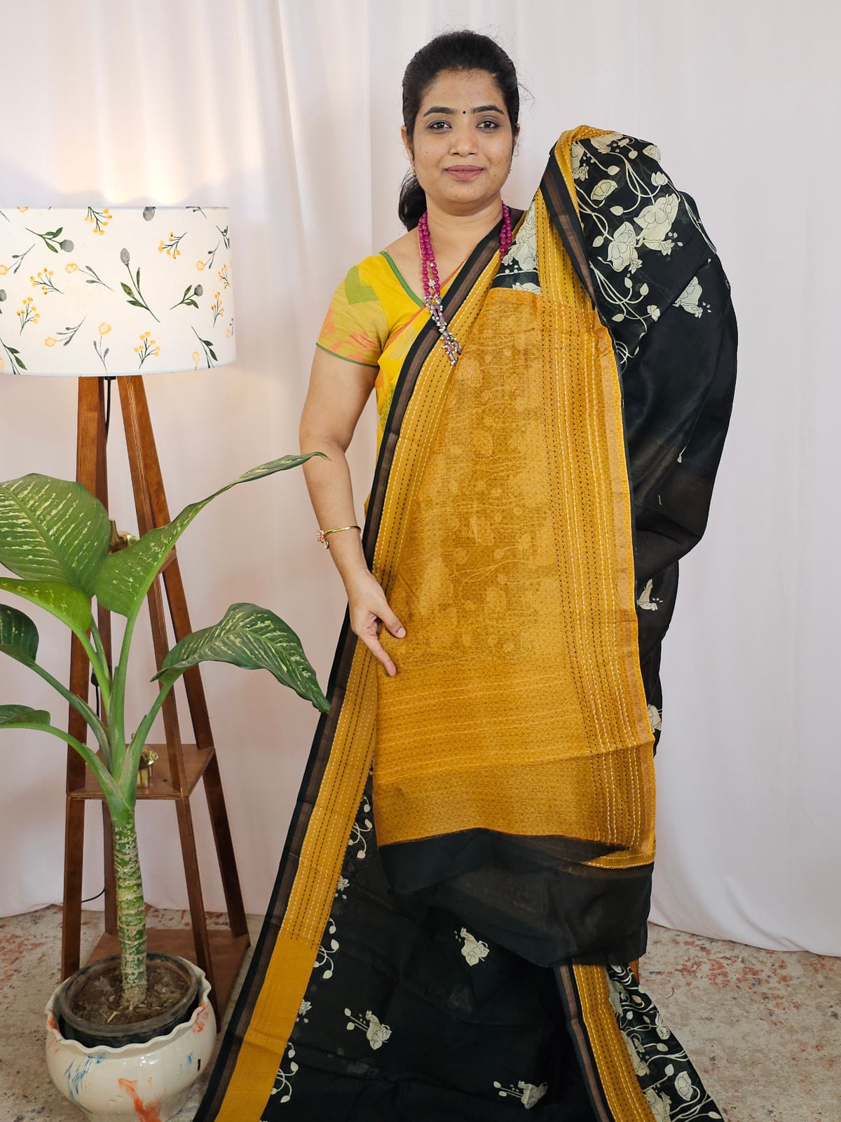 Pure Chanderi Butter Silk - Black with Yellow