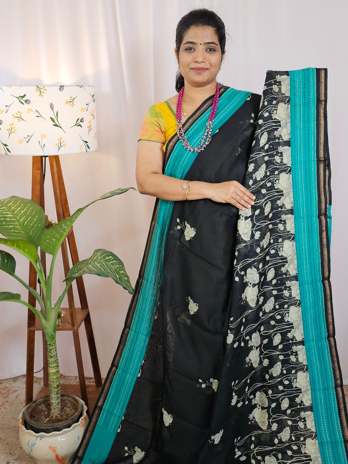 Pure Chanderi Butter Silk - Black with Sea Green