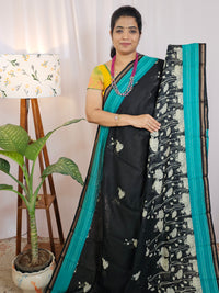 Pure Chanderi Butter Silk - Black with Sea Green