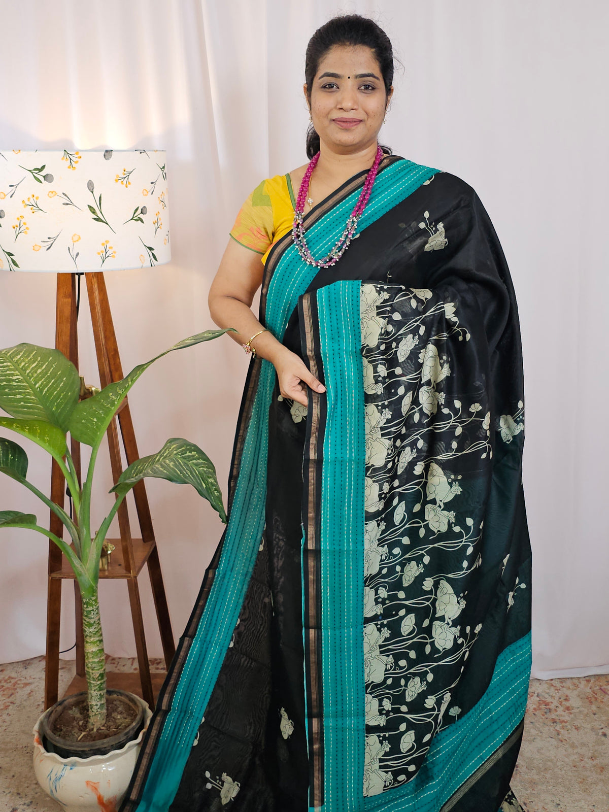 Pure Chanderi Butter Silk - Black with Sea Green
