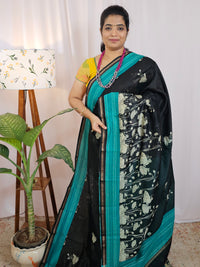 Pure Chanderi Butter Silk - Black with Sea Green