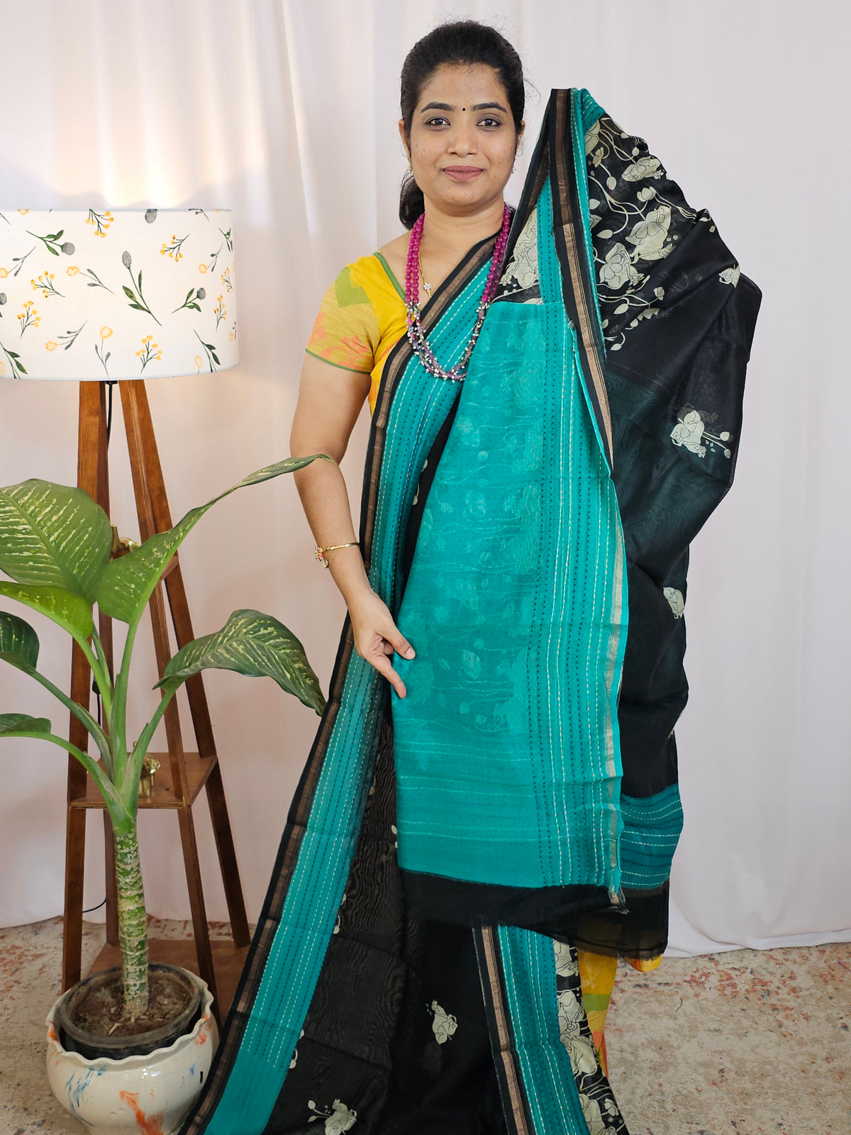 Pure Chanderi Butter Silk - Black with Sea Green