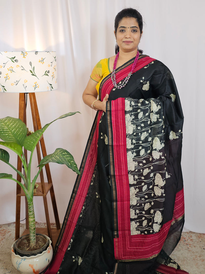 Pure Chanderi Butter Silk - Black Magenta Pink