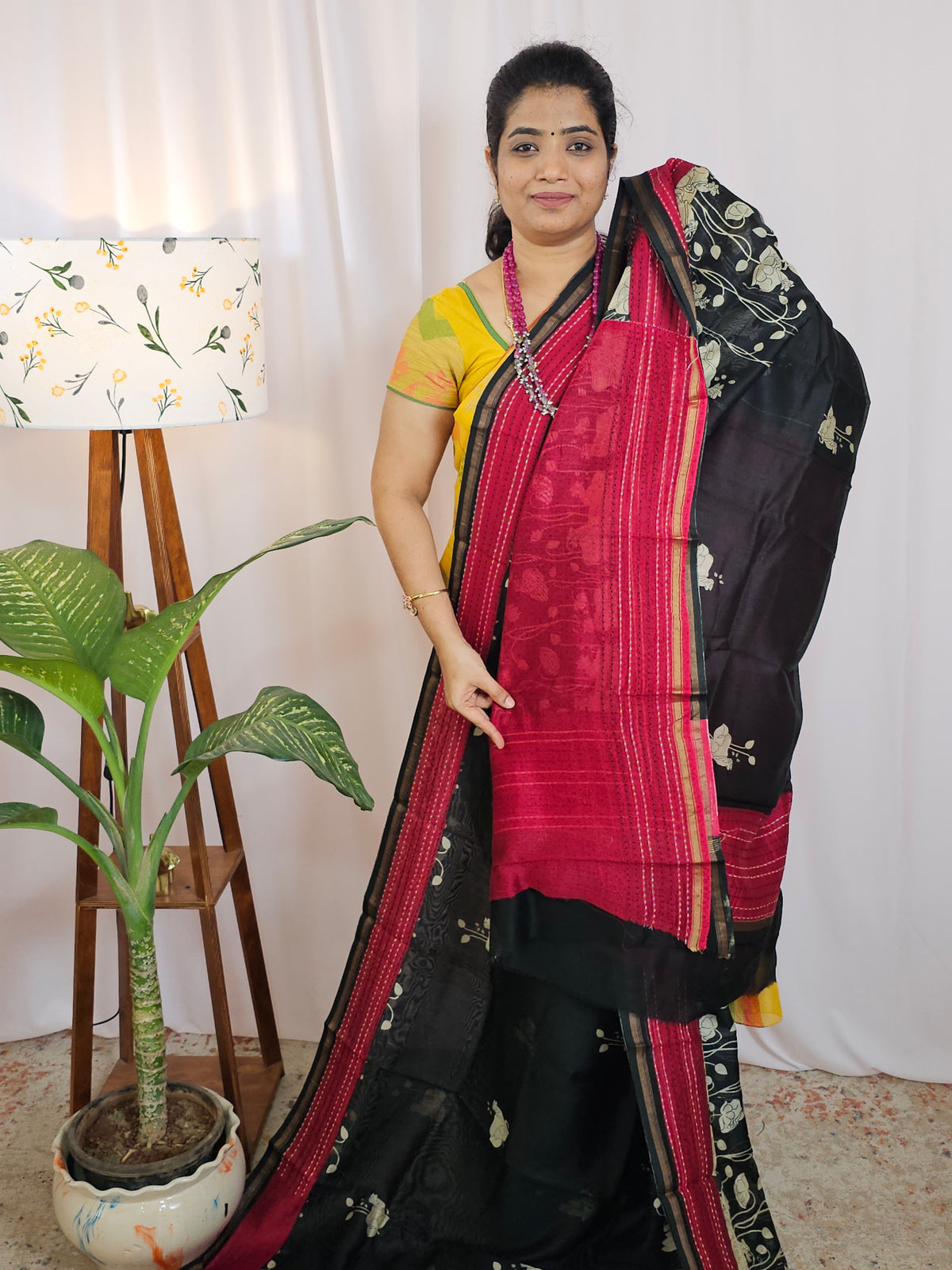 Pure Chanderi Butter Silk - Black Magenta Pink