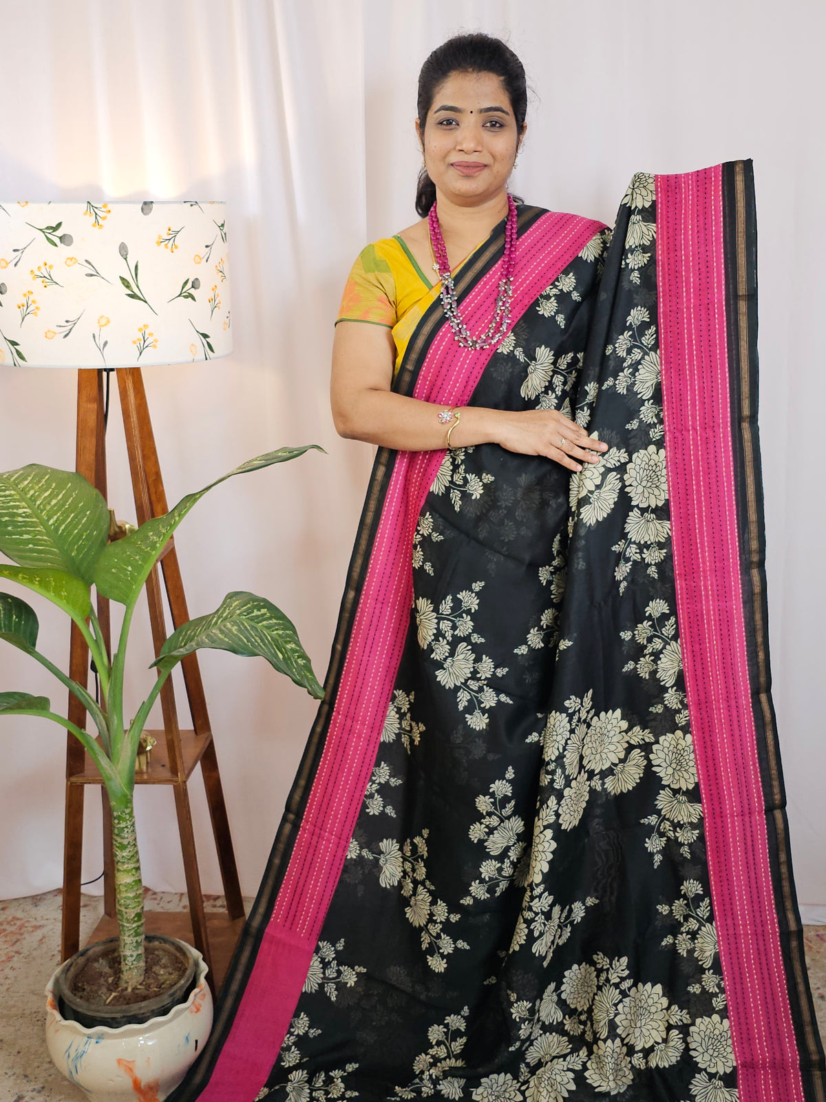 Pure Chanderi Butter Silk - Black with Pink