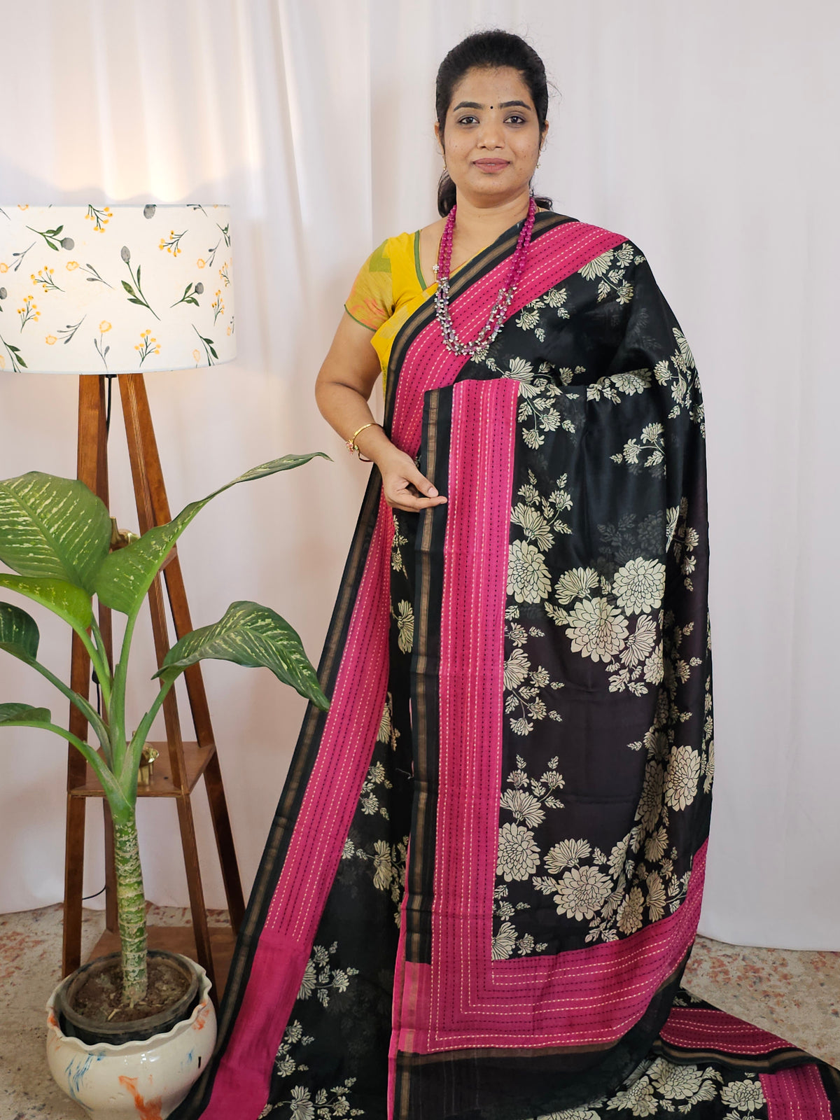 Pure Chanderi Butter Silk - Black with Pink