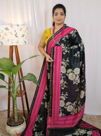 Pure Chanderi Butter Silk - Black with Pink