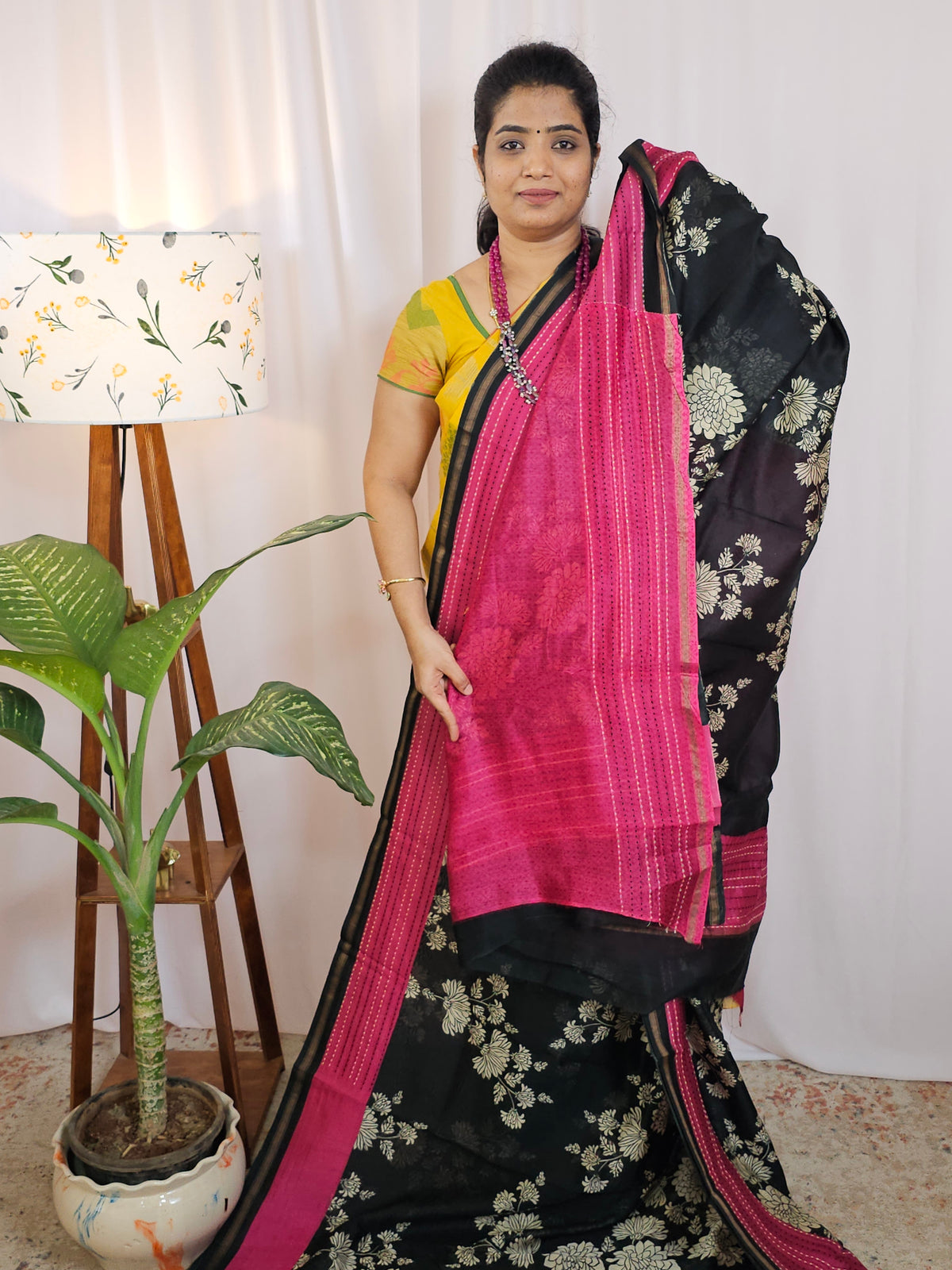 Pure Chanderi Butter Silk - Black with Pink