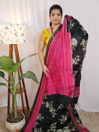 Pure Chanderi Butter Silk - Black with Pink