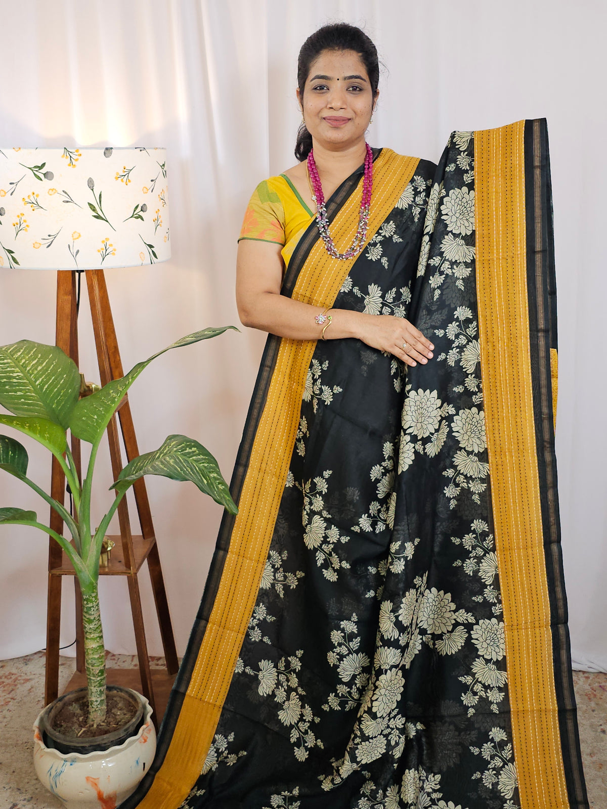 Pure Chanderi Butter Silk - Black with Yellow