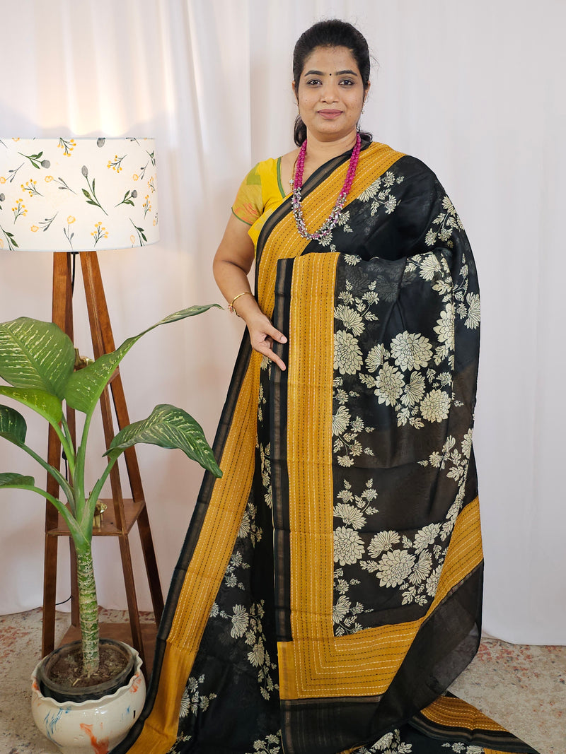 Pure Chanderi Butter Silk - Black with Yellow