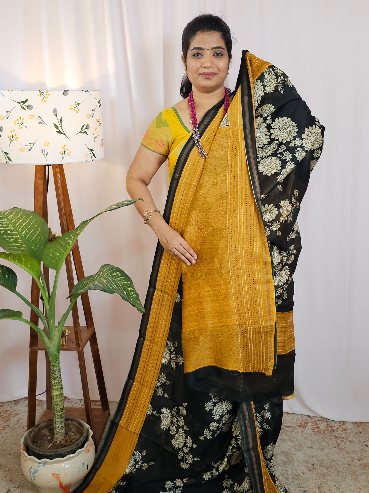 Pure Chanderi Butter Silk - Black with Yellow