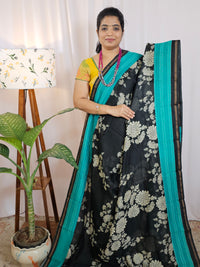 Pure Chanderi Butter Silk - Black with Sea Green