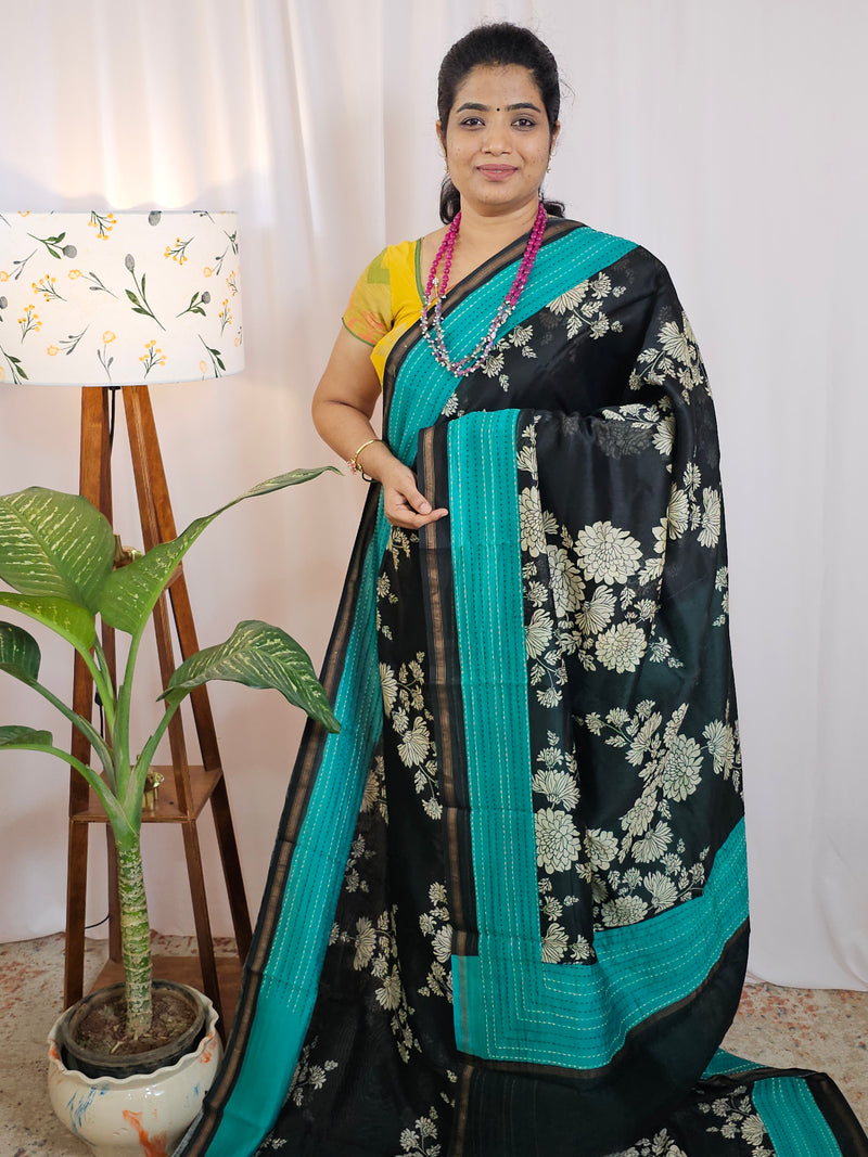 Pure Chanderi Butter Silk - Black with Sea Green