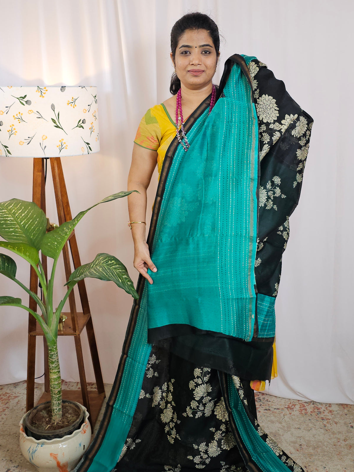 Pure Chanderi Butter Silk - Black with Sea Green