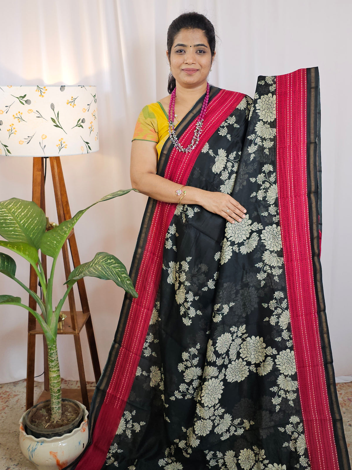 Pure Chanderi Butter Silk - Black with Red