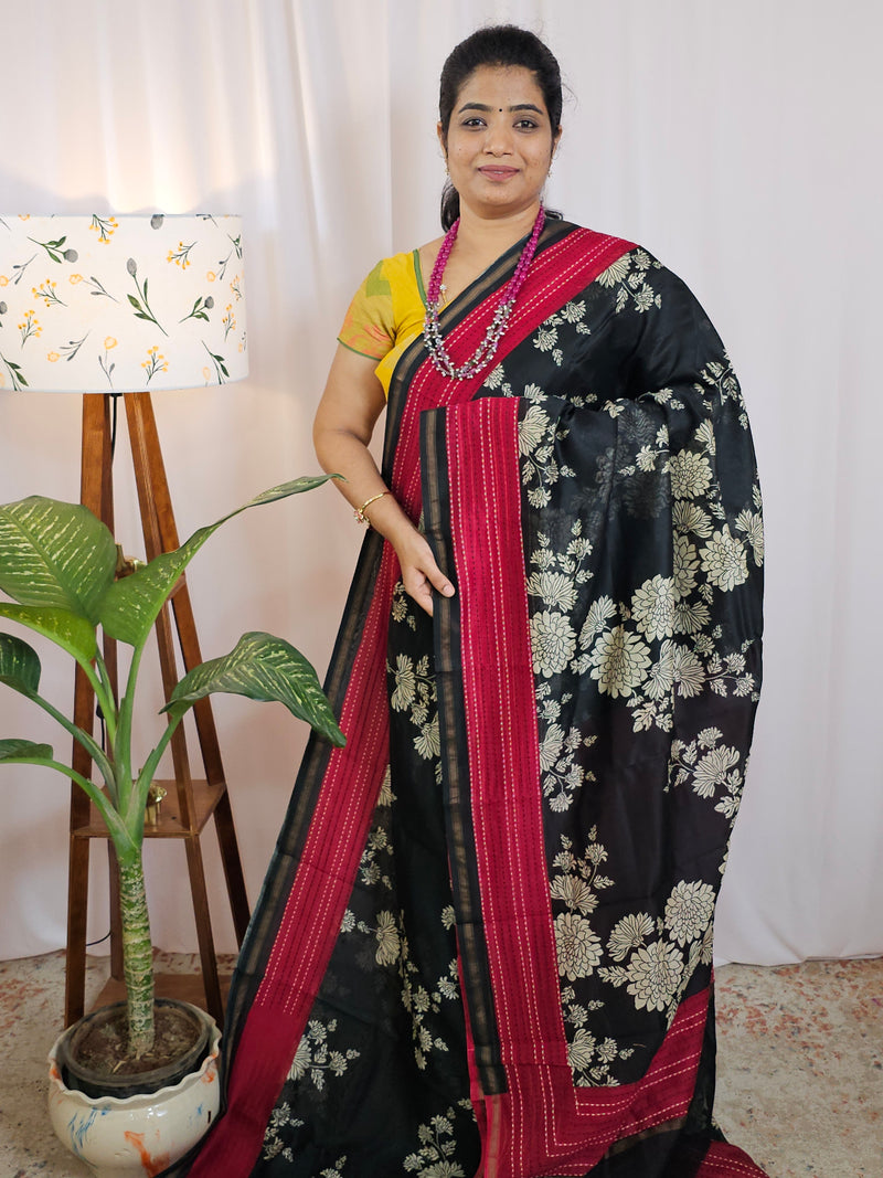 Pure Chanderi Butter Silk - Black with Red