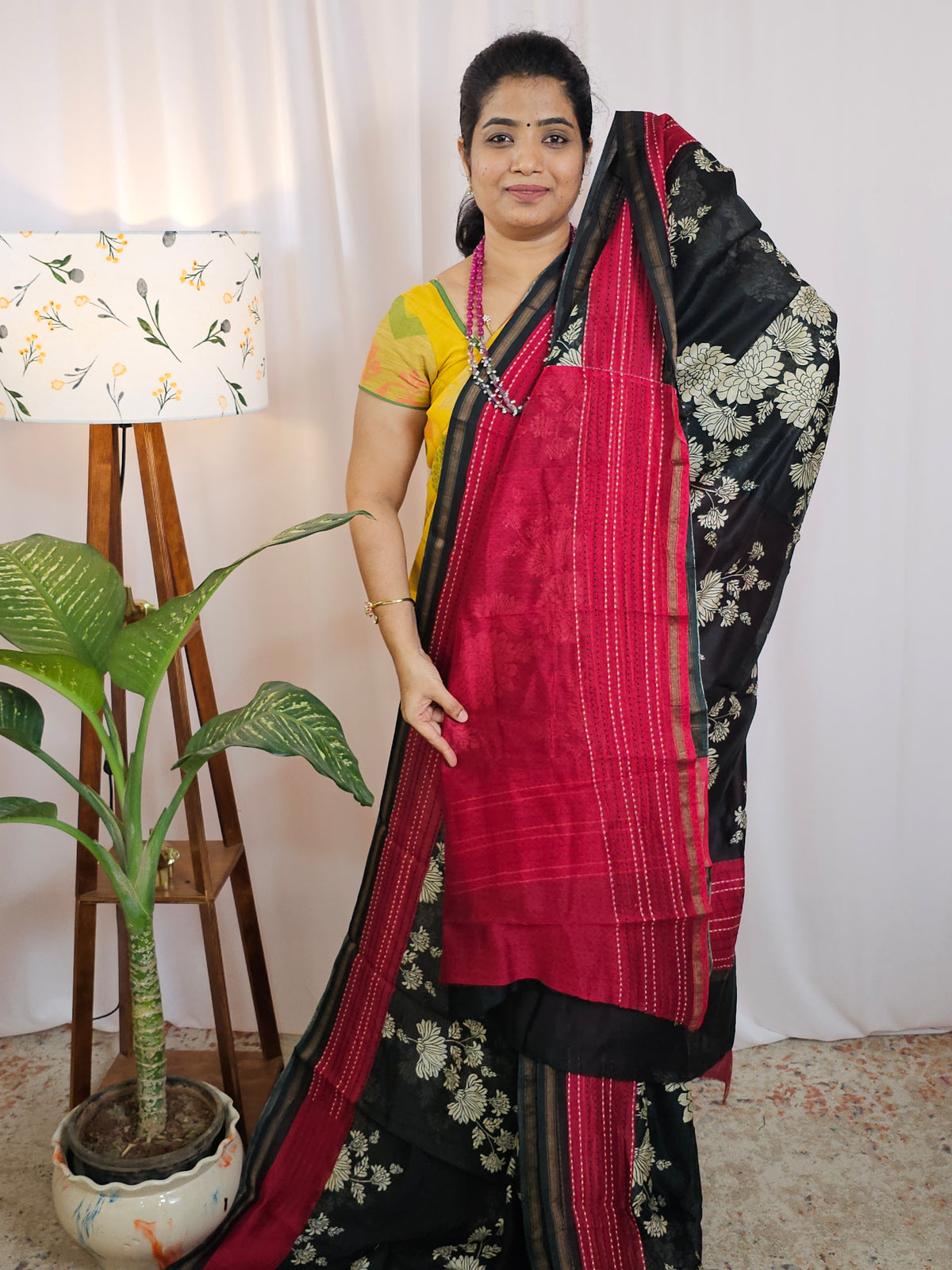 Pure Chanderi Butter Silk - Black with Red
