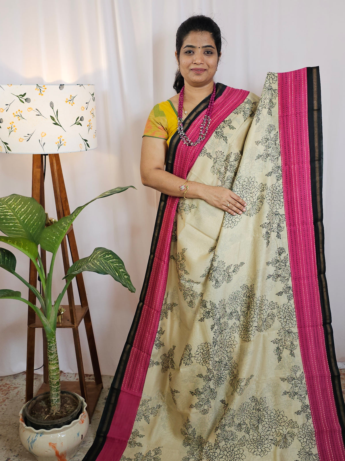 Pure Chanderi Butter Silk - Cream  with Pink