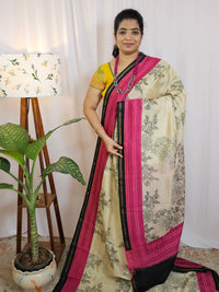 Pure Chanderi Butter Silk - Cream  with Pink