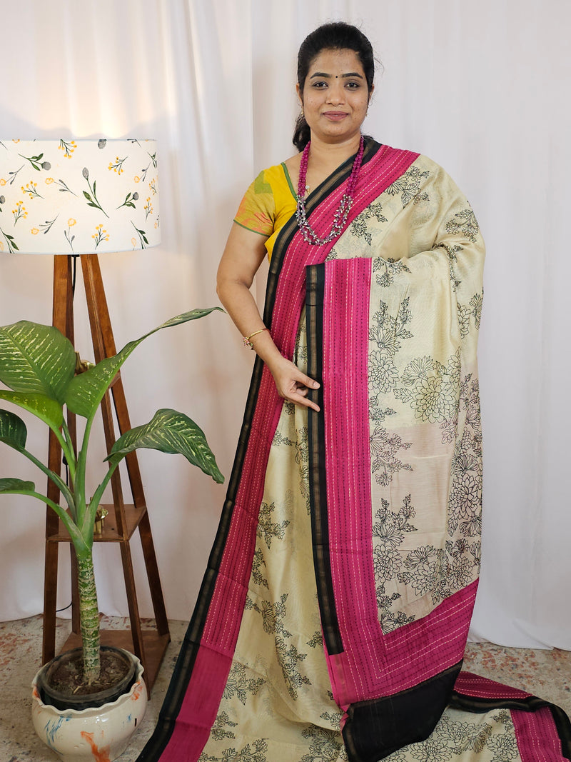 Pure Chanderi Butter Silk - Cream  with Pink
