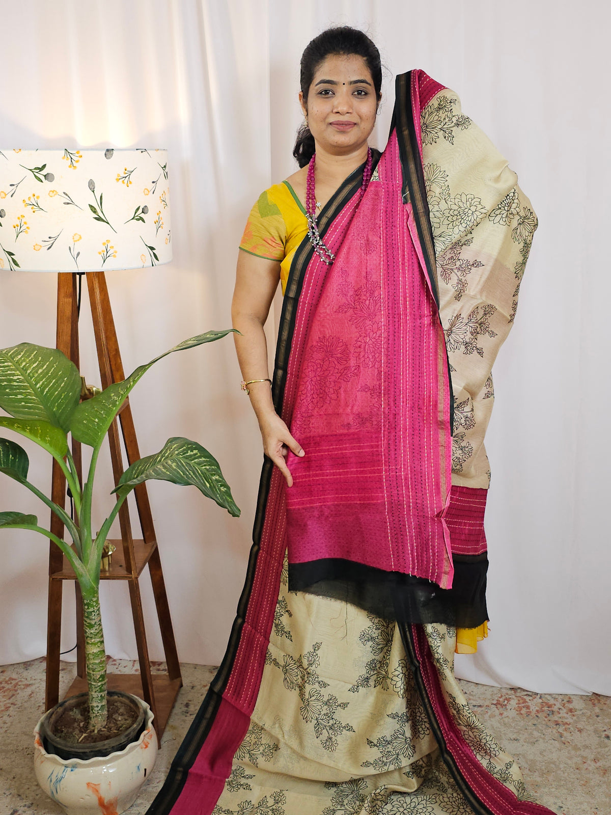 Pure Chanderi Butter Silk - Cream  with Pink