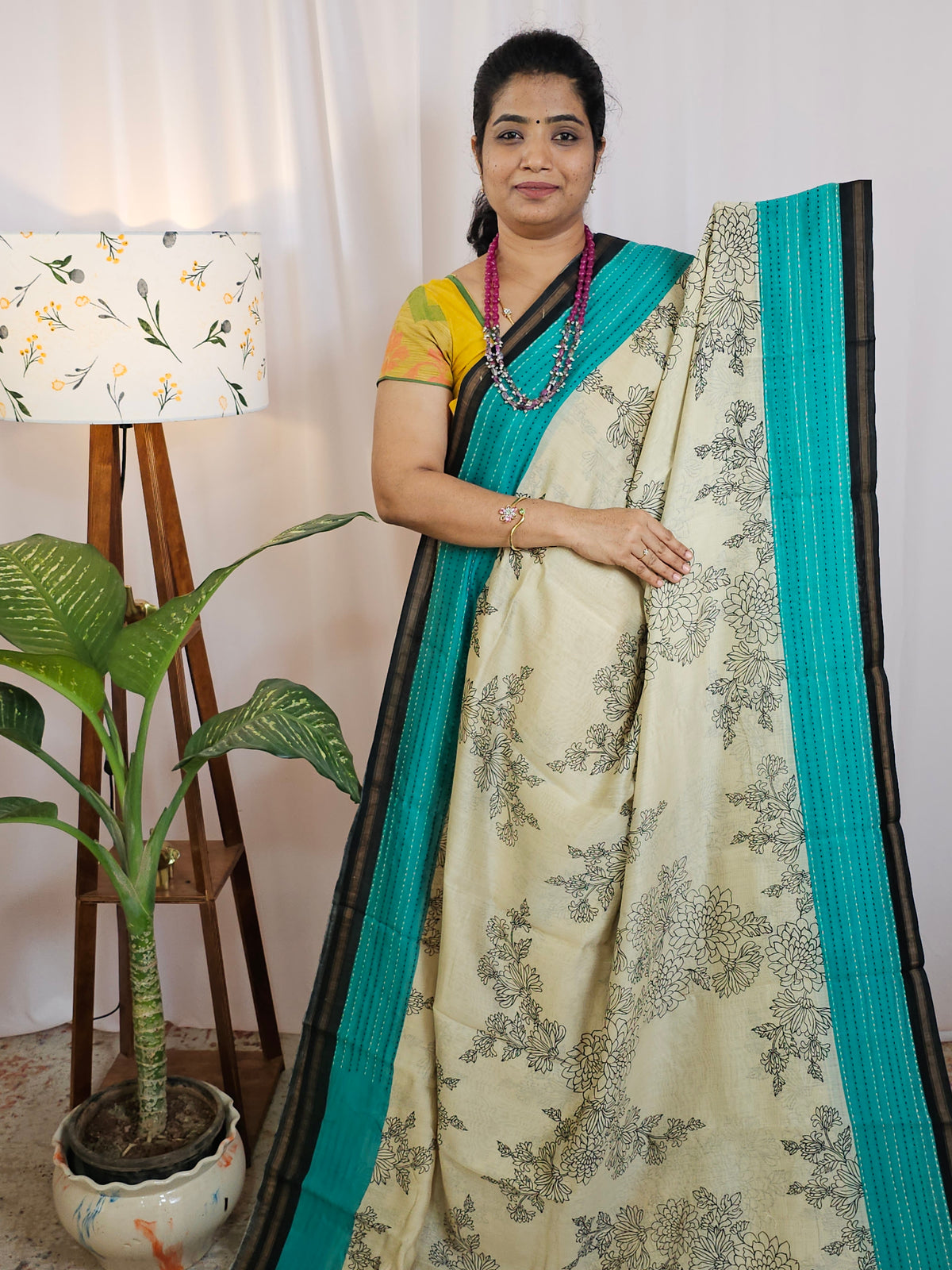 Pure Chanderi Butter Silk - Cream  with Sea Green