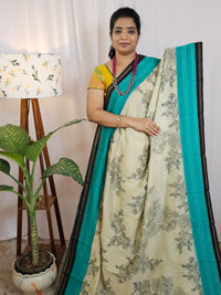 Pure Chanderi Butter Silk - Cream  with Sea Green