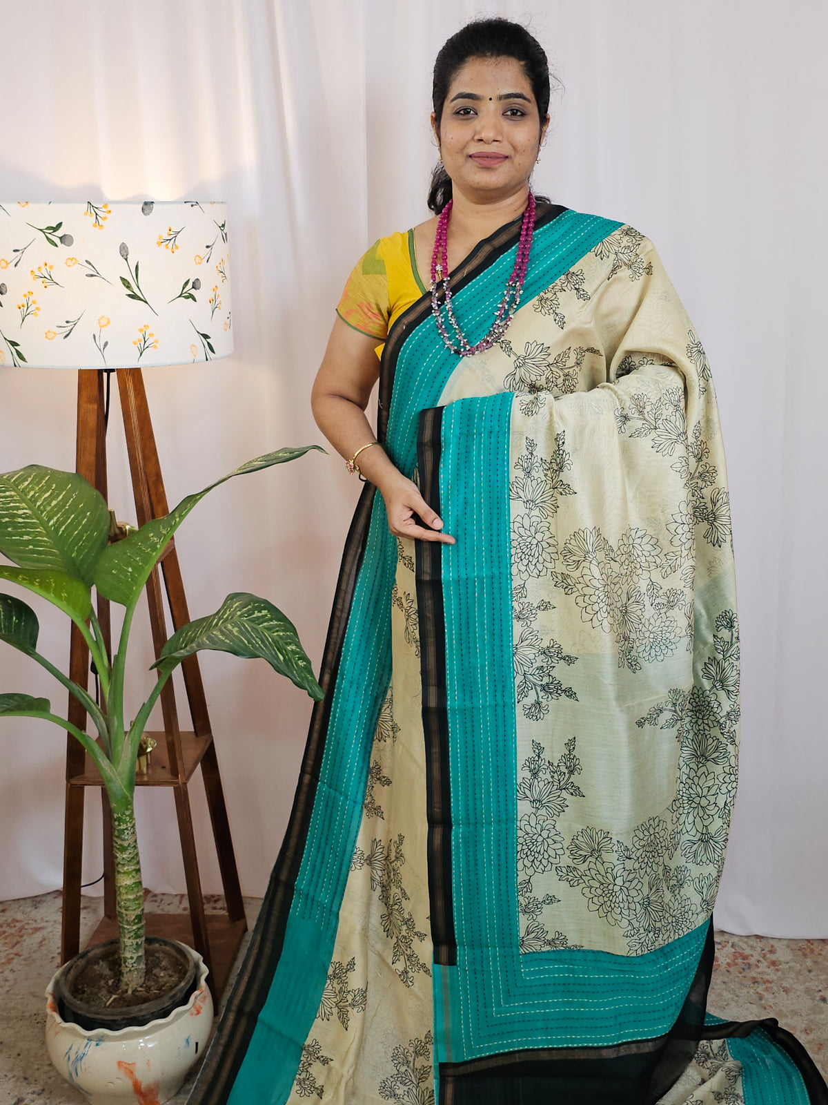 Pure Chanderi Butter Silk - Cream  with Sea Green