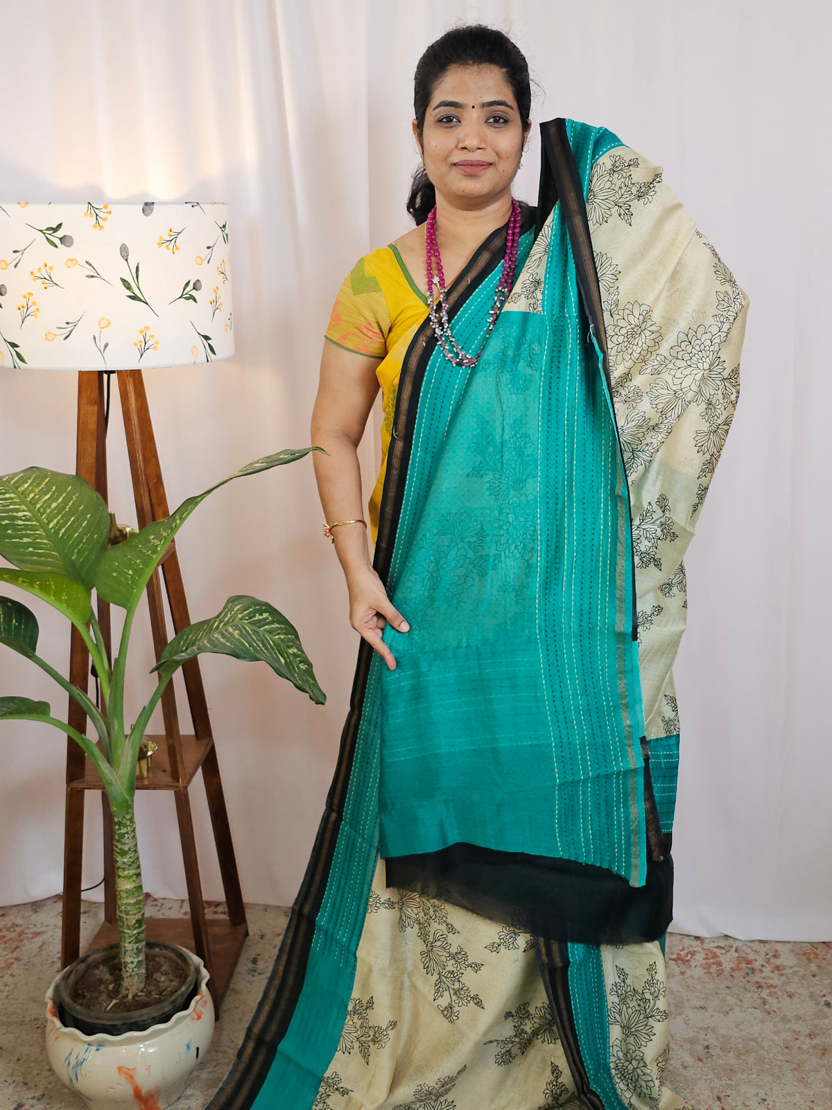 Pure Chanderi Butter Silk - Cream  with Sea Green