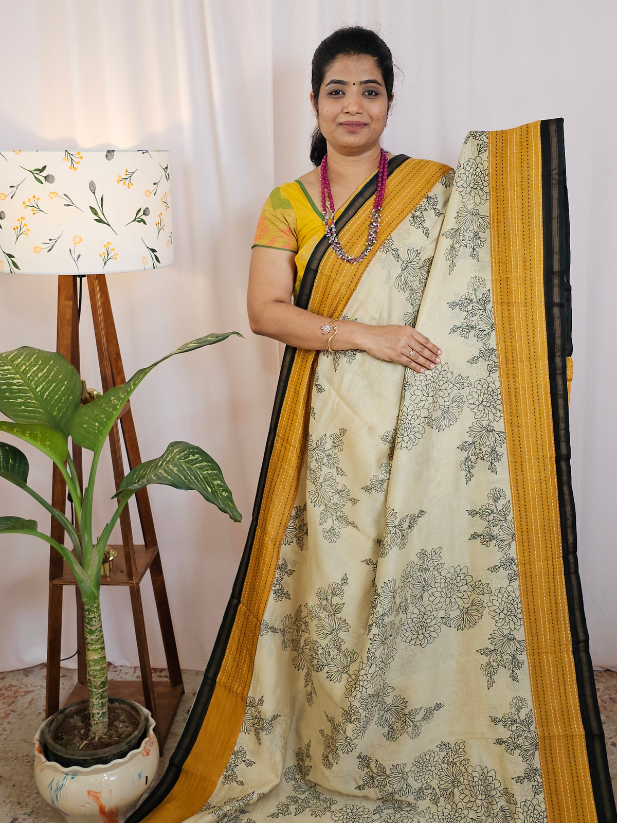 Pure Chanderi Butter Silk - Cream  with Yellow