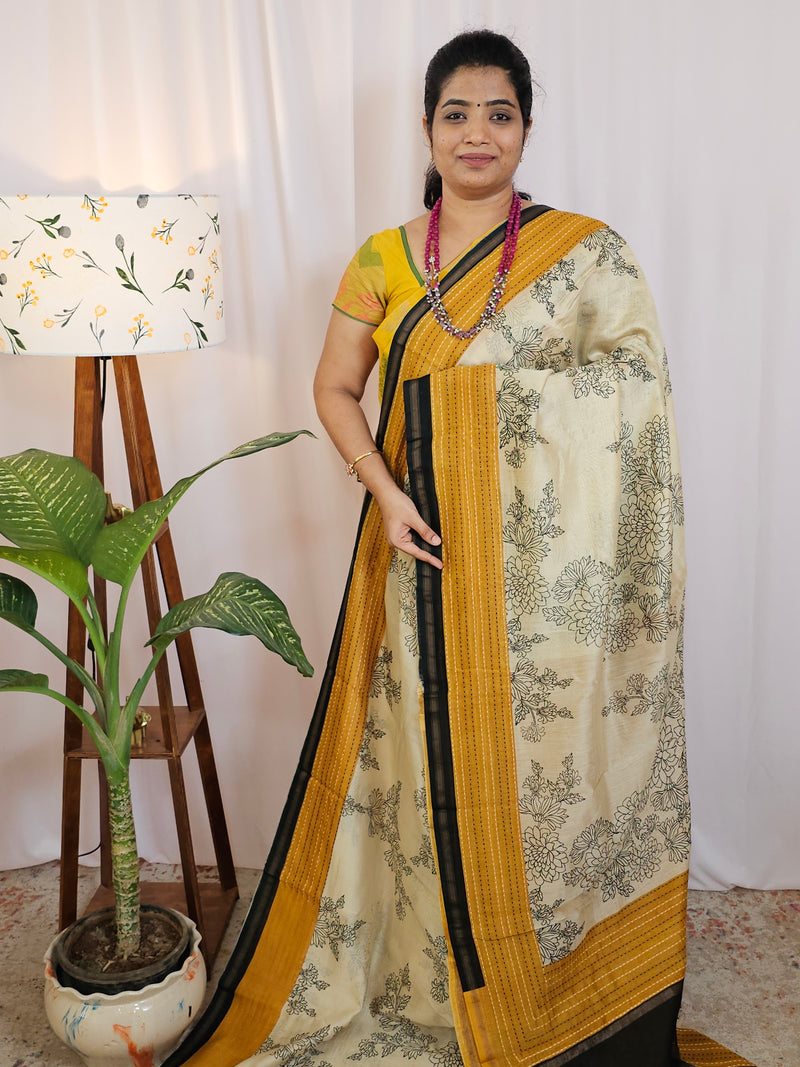 Pure Chanderi Butter Silk - Cream  with Yellow