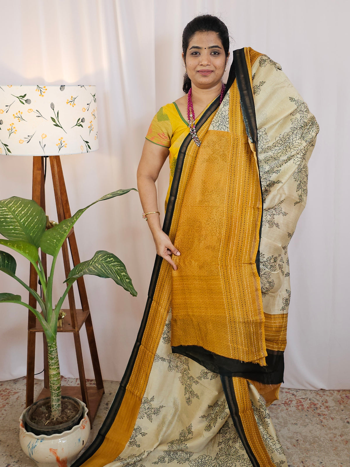 Pure Chanderi Butter Silk - Cream  with Yellow
