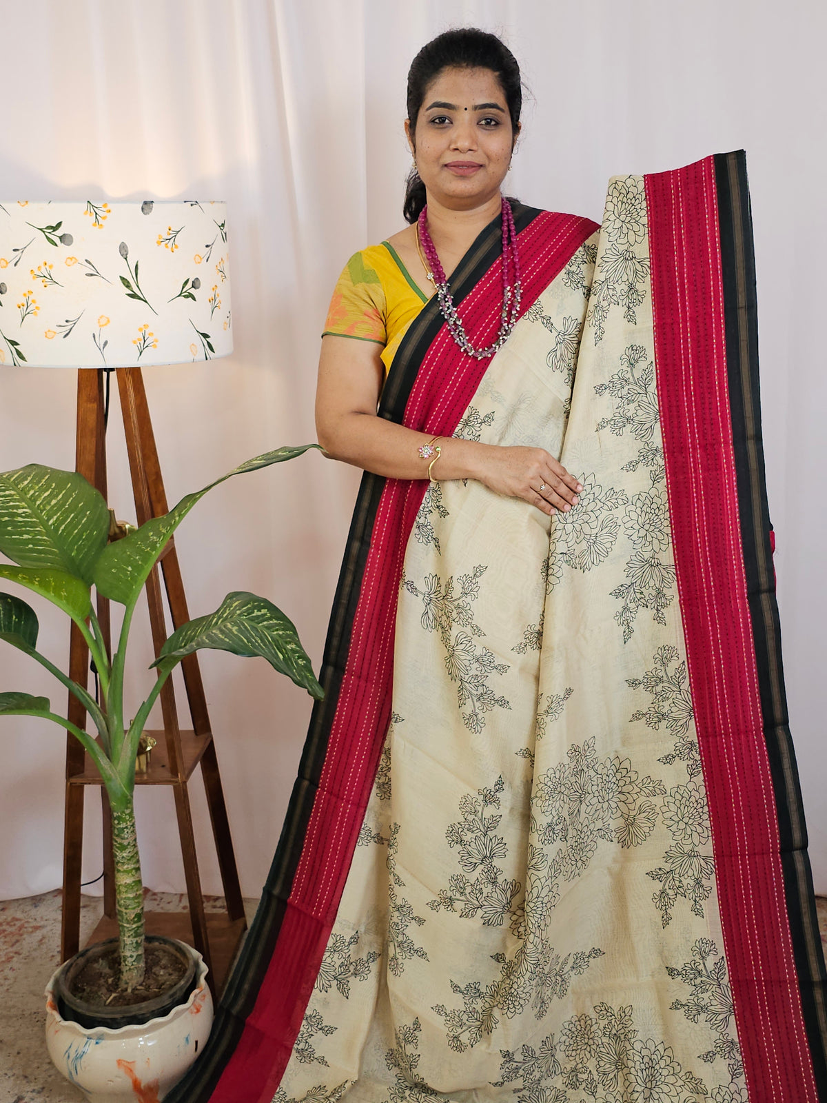 Pure Chanderi Butter Silk - Cream  with Red