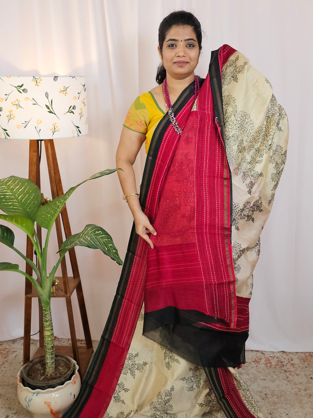 Pure Chanderi Butter Silk - Cream  with Red