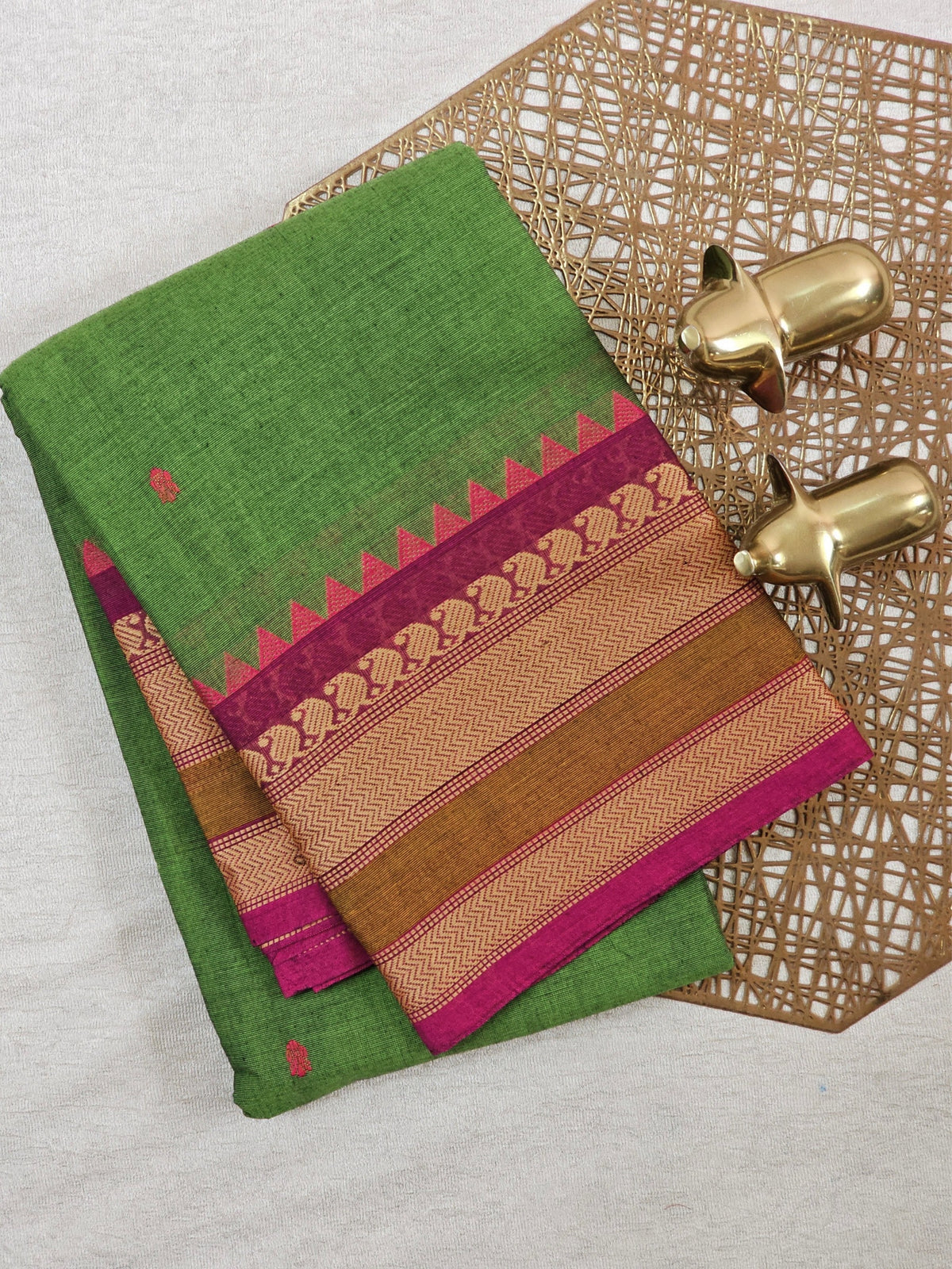 Chettinad Cotton Saree - Green with Pink